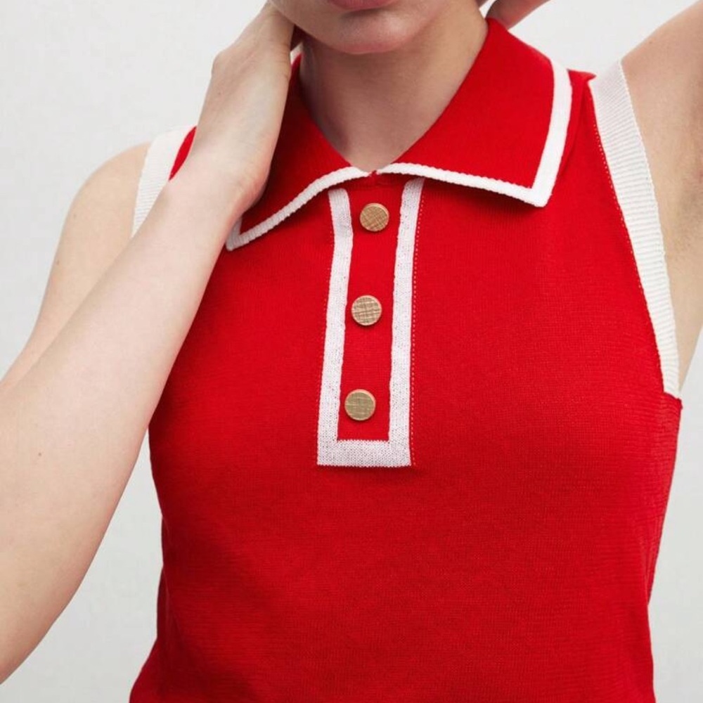 Red Sleeveless Knit Top with White Trim